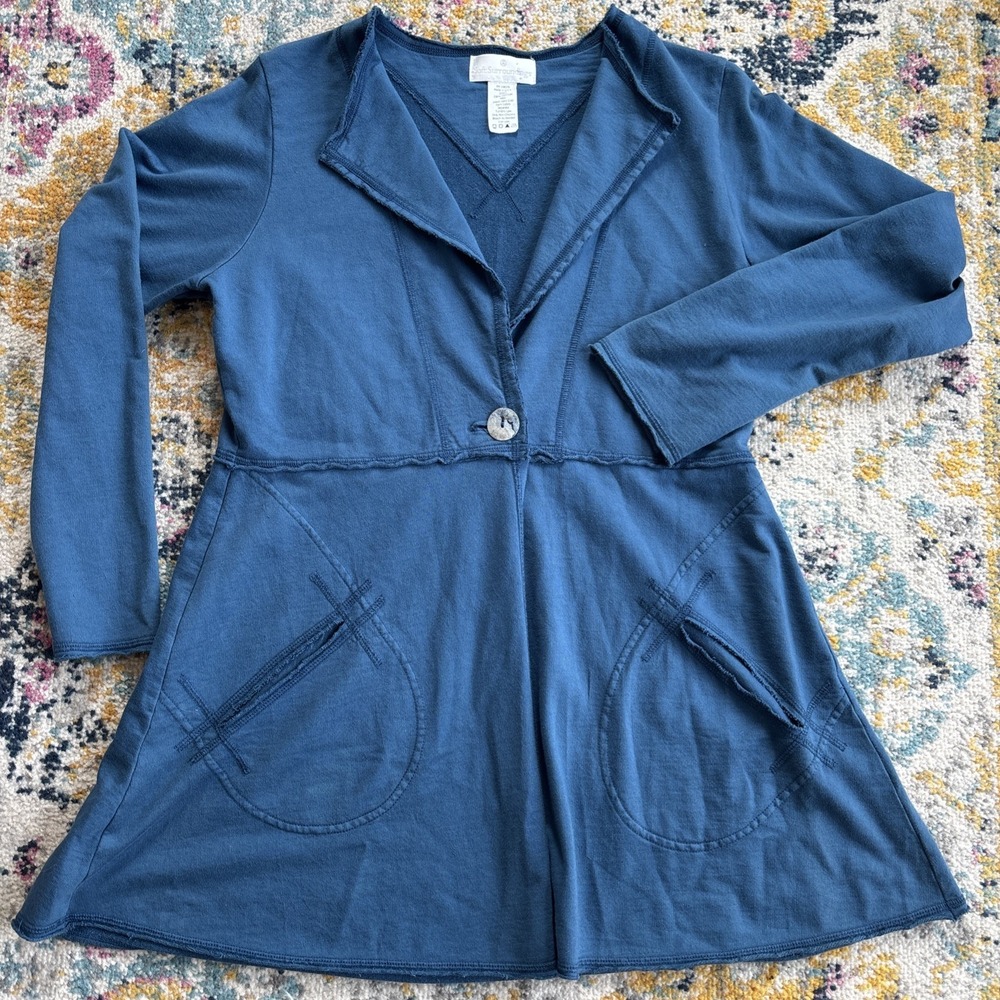 Soft Surroundings Blue One Button Cotton Tunic Top Cardigan Flare A-line Boho MD